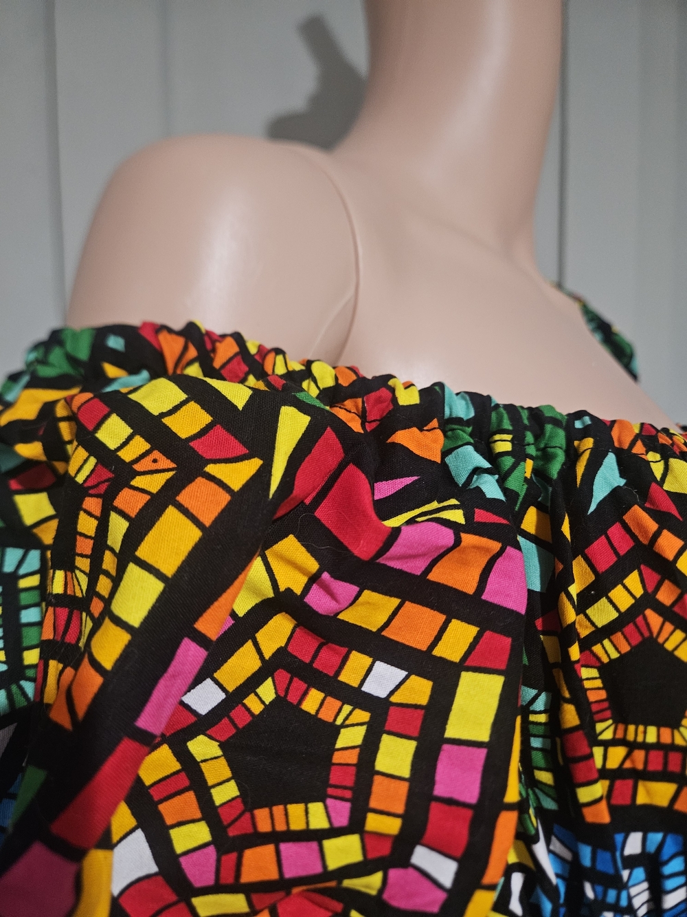 Awelana Tibori NWT Off Shoulder Smocked Mini Dress Colorful Mosaic Print - Picture 15 of 16